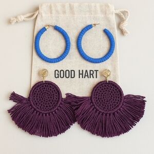 💜💙 Good Hart Statement Earring Duo – Crochet Fringe + Wrapped Hoops - NWOT